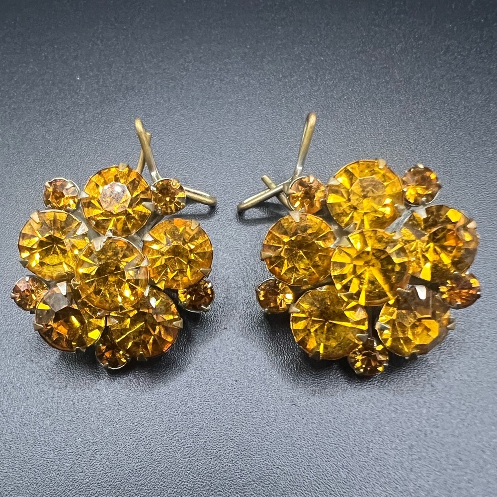 Vintage Judith McCann Wingback Earrings Orange / Amber Rhinestone